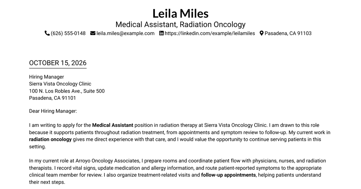 7 Medical Assistant - Radiation Therapy Cover Letter Templates with Example