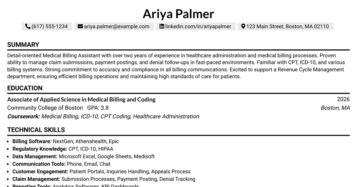 33 Medical Billing Assistant Resume Templates with Example 2026 (ATS-Optimized)