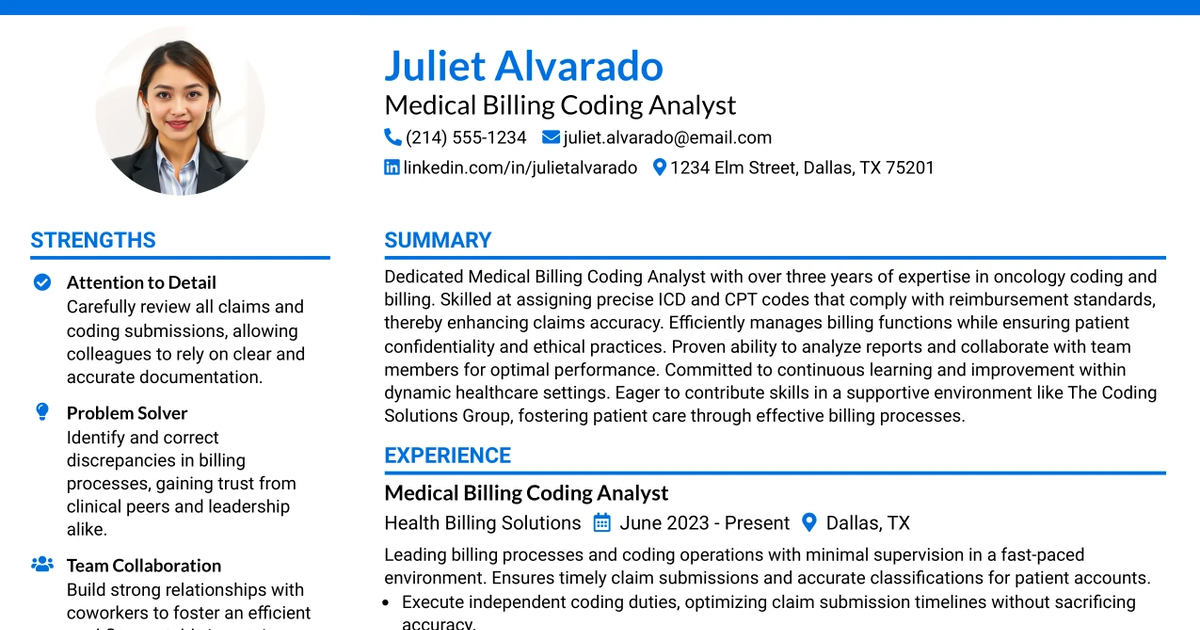 33 Medical Billing Coding Analyst Resume Templates with Example 2026 (ATS-Optimized)