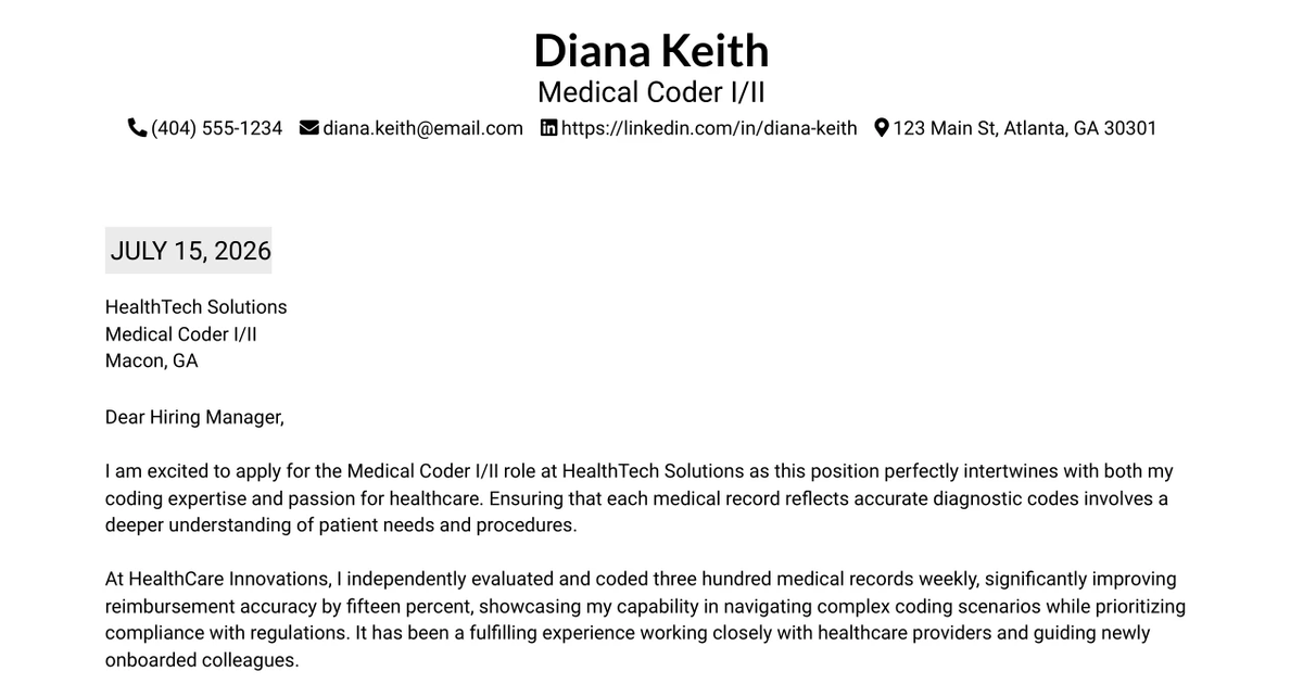 30+ Medical Coder I/II Cover Letter Templates with Example 2026
