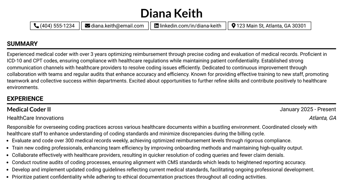33 Medical Coder I/II Resume Templates with Example 2026 (ATS-Optimized)