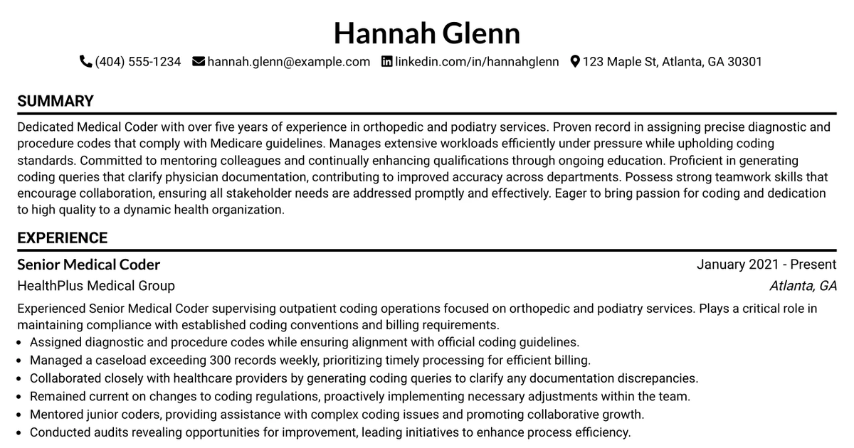 33 Medical Coder - Orthopedics and Podiatry Services Resume Templates with Example 2026 (ATS-Optimized)
