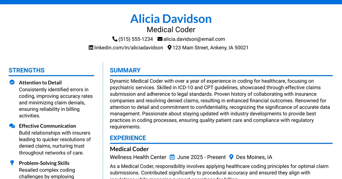 33 Medical Coder Resume Templates with Example 2026 (ATS-Optimized)