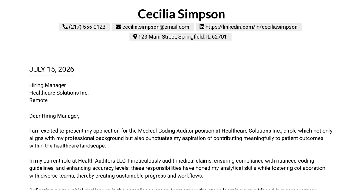 30+ Medical Coding Auditor Cover Letter Templates with Example 2026