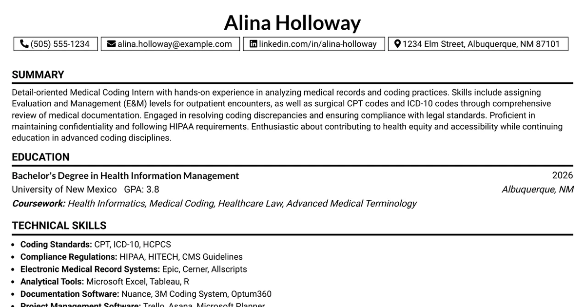 33 Medical Coding Intern Resume Templates with Example 2026 (ATS-Optimized)