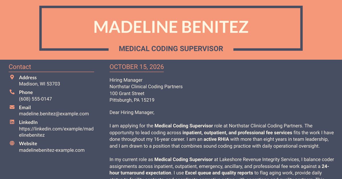 7 Medical Coding Supervisor - Inpatient, Outpatient and Pro Fee Cover Letter Templates with Example