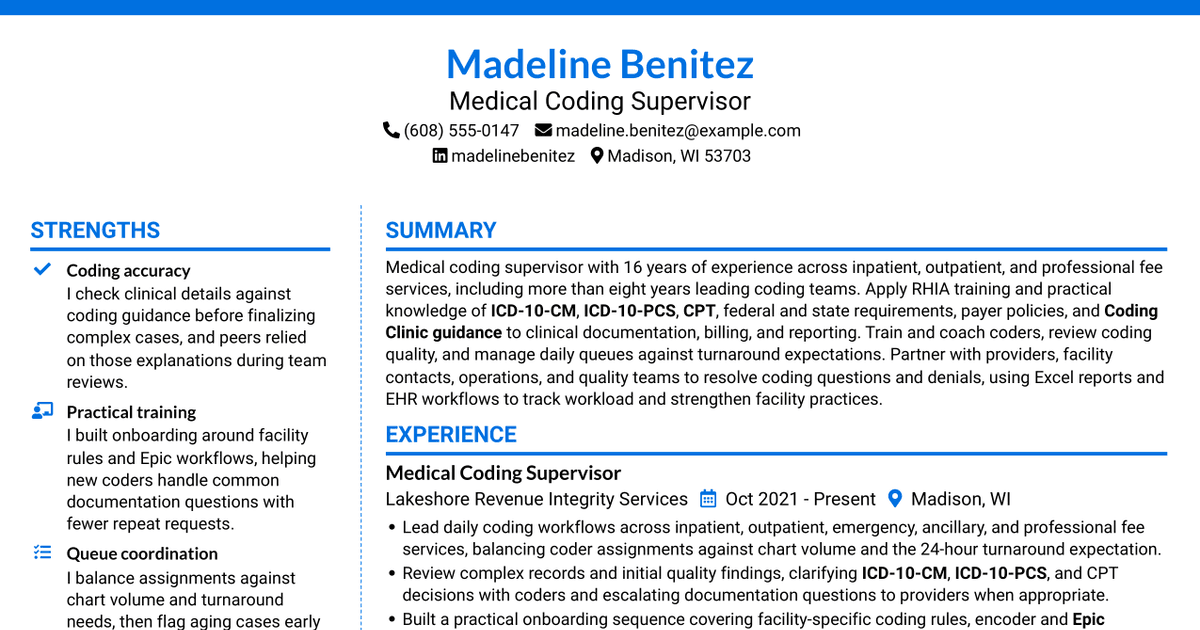 7 Medical Coding Supervisor - Inpatient, Outpatient and Pro Fee Resume Templates with Example