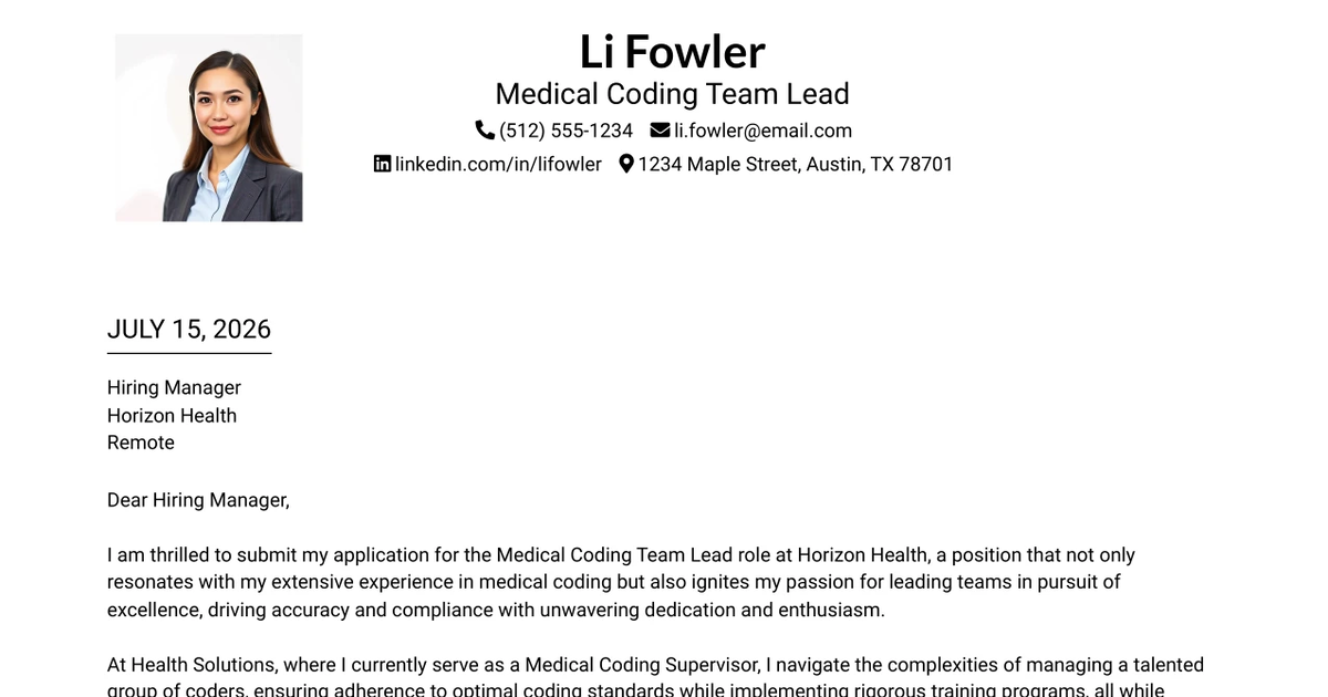 30+ Medical Coding Team Lead Cover Letter Templates with Example 2026