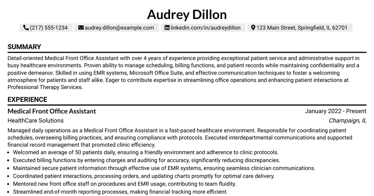 33 Medical Front Office Assistant Resume Templates with Example 2026 (ATS-Optimized)