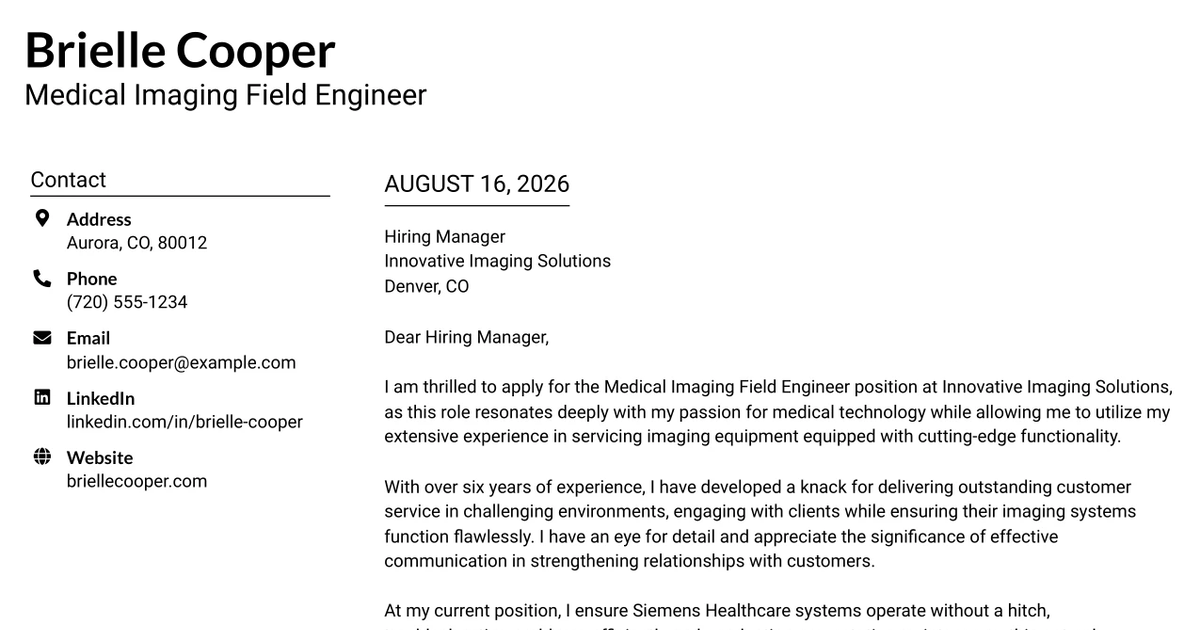 30+ Medical Imaging Field Engineer Cover Letter Templates with Example 2026