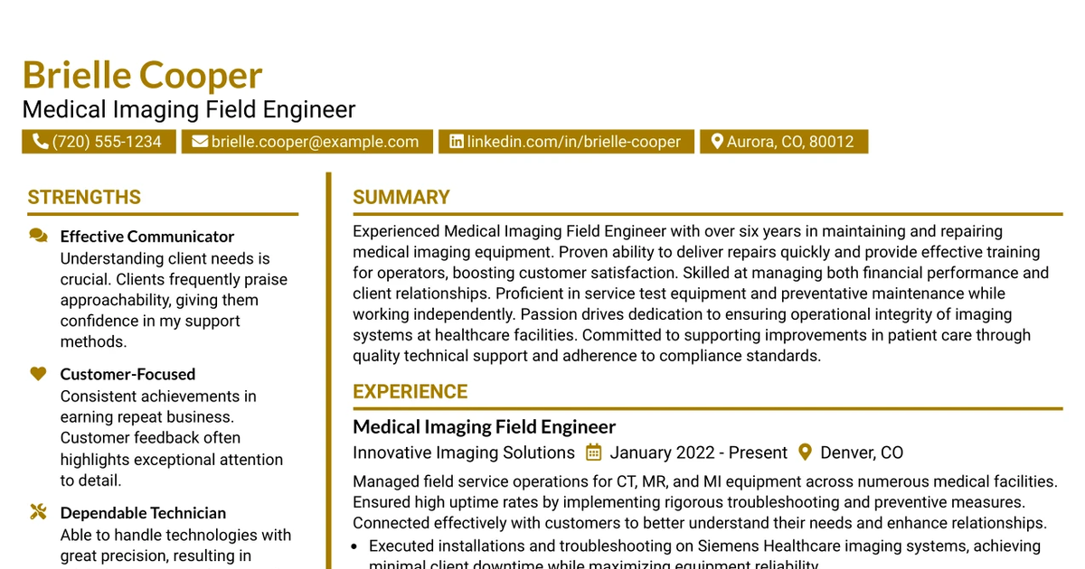 33 Medical Imaging Field Engineer Resume Templates with Example 2026 (ATS-Optimized)