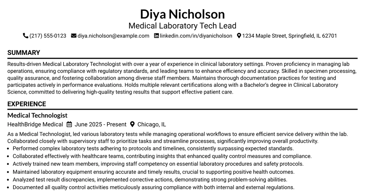 33 Medical Laboratory Tech Lead Resume Templates with Example 2026 (ATS-Optimized)