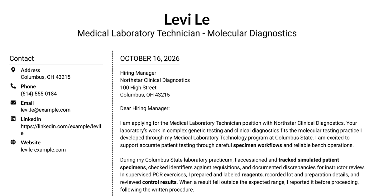 7 Medical Laboratory Technician - Molecular Diagnostics Cover Letter Templates with Example