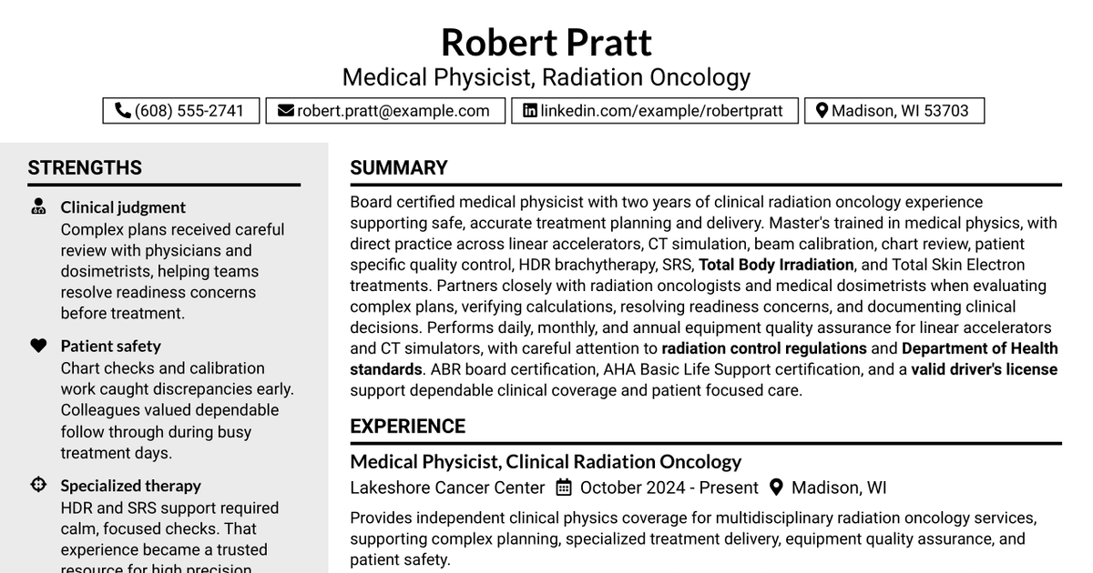 7 Medical Physicist - Radiation Oncology Resume Templates with Example