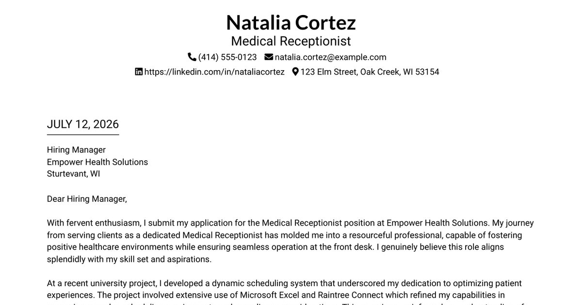 30+ Medical Receptionist Cover Letter Templates with Example 2026