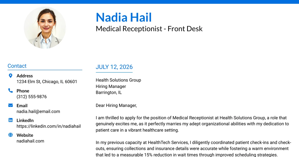 30+ Medical Receptionist - Front Desk Cover Letter Templates with Example 2026