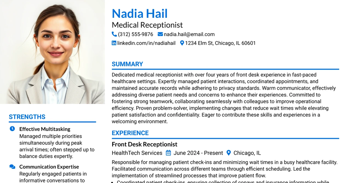 33 Medical Receptionist - Front Desk Resume Templates with Example 2026 (ATS-Optimized)