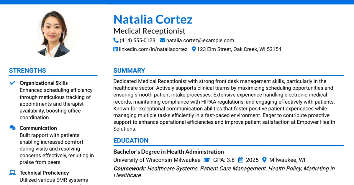 33 Medical Receptionist Resume Templates with Example 2026 (ATS-Optimized)