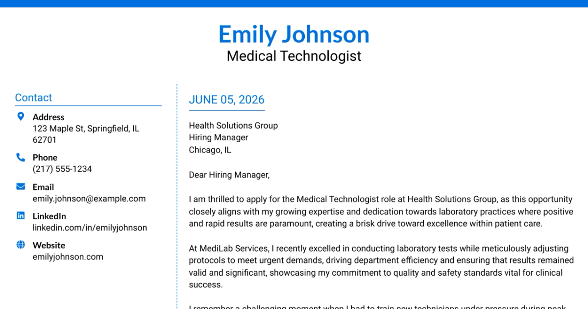 30+ Medical Technologist Cover Letter Templates with Example 2026