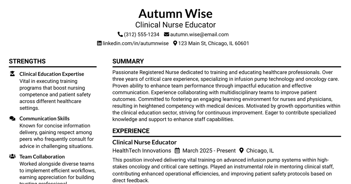 33 Medtech Clinical Nurse Educator Resume Templates with Example 2026 (ATS-Optimized)