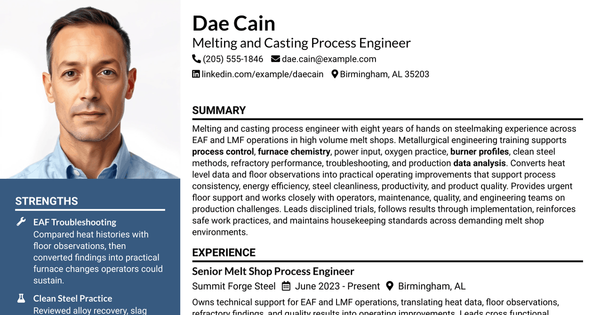 7 Melting/Casting Process Engineer Resume Templates with Example