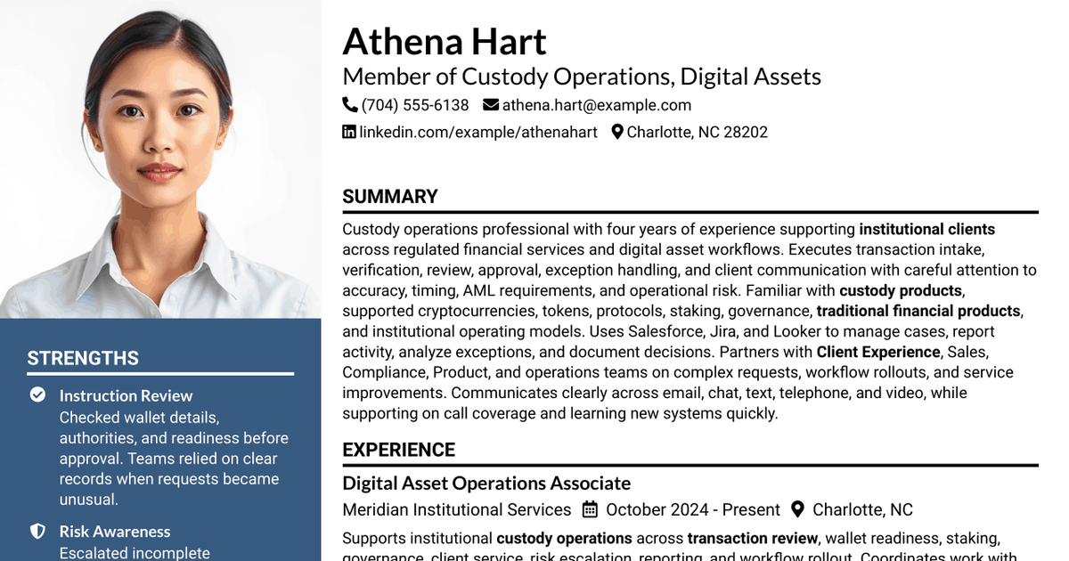 7 Member of Custody Operations, Digital Assets Resume Templates with Example