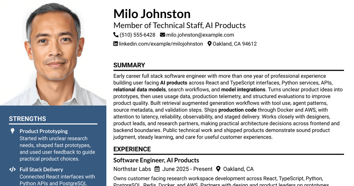 7 Member of Technical Staff, AI Products (Early Career - Industry) Resume Templates with Example