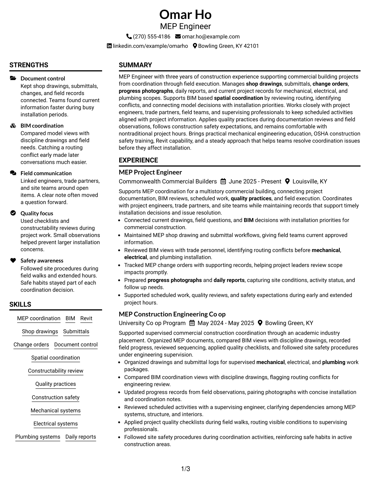 Resume Example Page 1