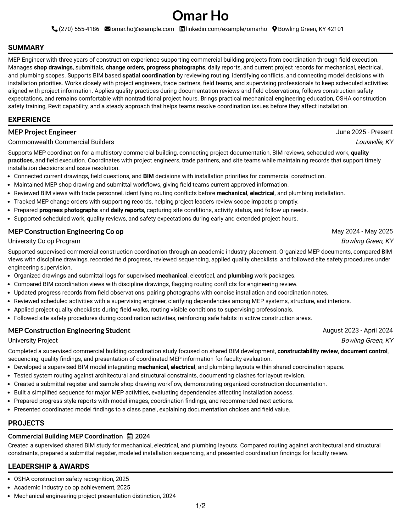 Resume Example Page 1