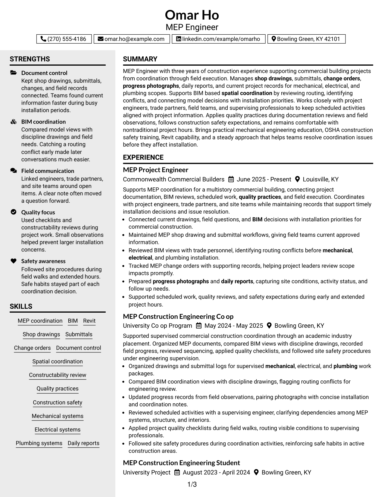 Resume Example Page 1