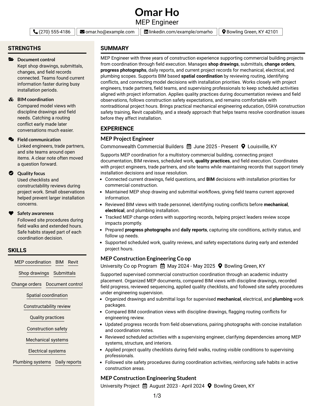 Resume Example Page 1