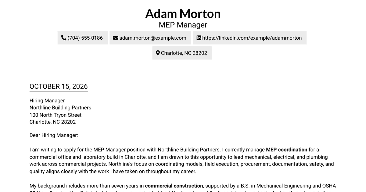 7 MEP Manager - Commercial Construction Cover Letter Templates with Example