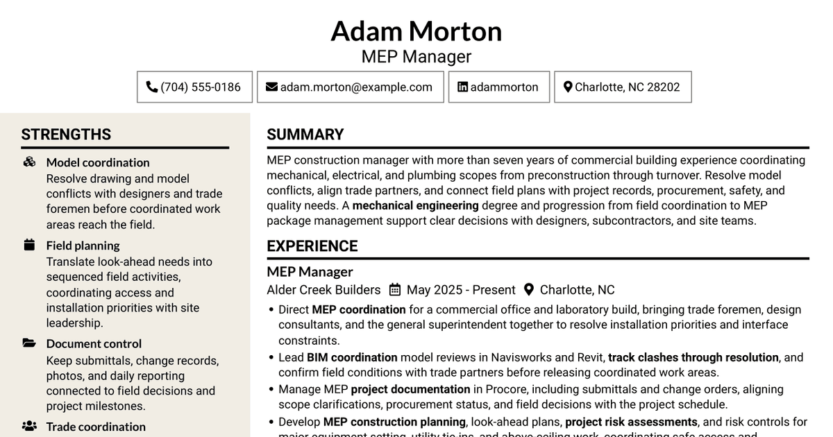 7 MEP Manager - Commercial Construction Resume Templates with Example