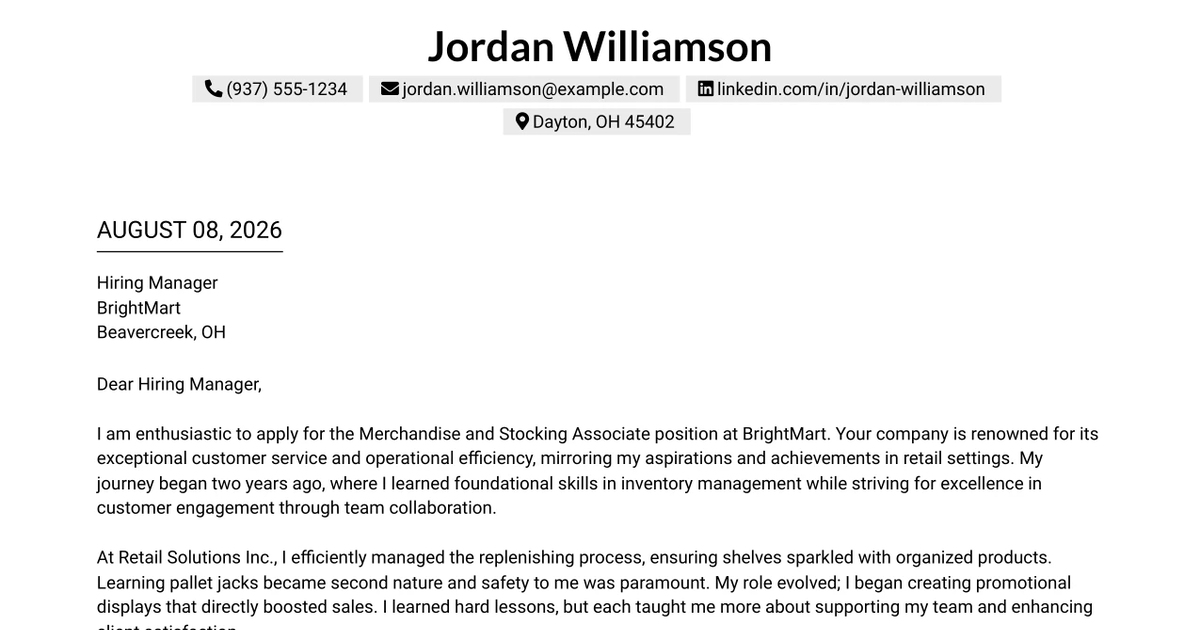 30+ Merchandise and Stocking Associate Cover Letter Templates with Example 2026
