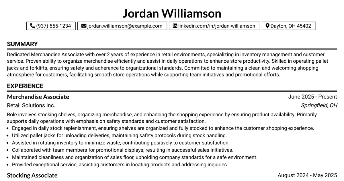 33 Merchandise and Stocking Associate Resume Templates with Example 2026 (ATS-Optimized)