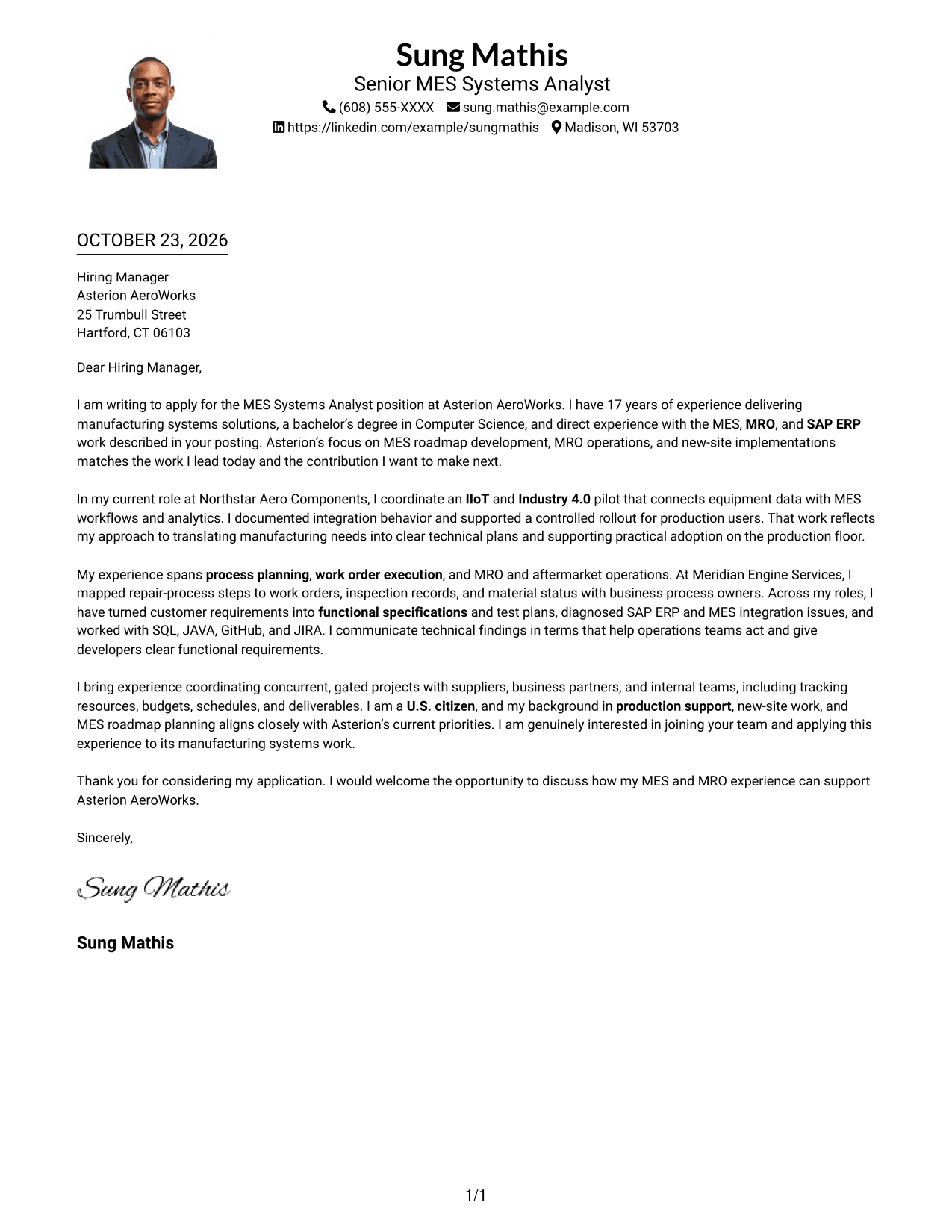 Cover letter example — page 1