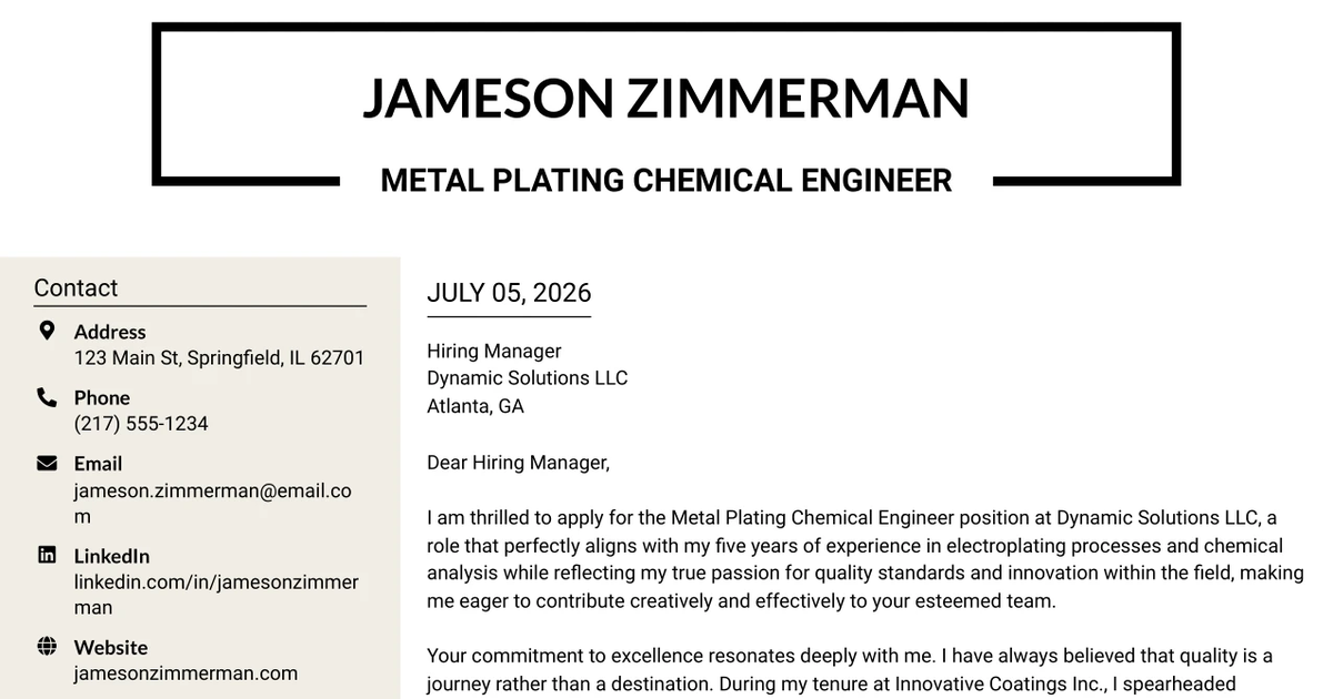30+ Metal Plating Chemical Engineer Cover Letter Templates with Example 2026