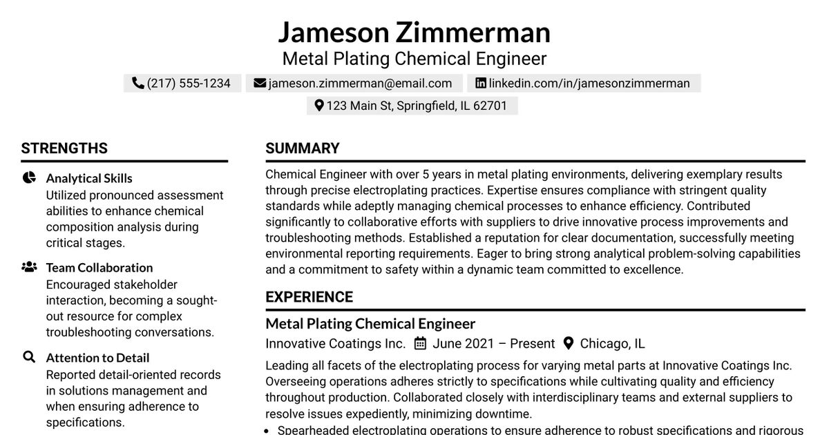 33 Metal Plating Chemical Engineer Resume Templates with Example 2026 (ATS-Optimized)