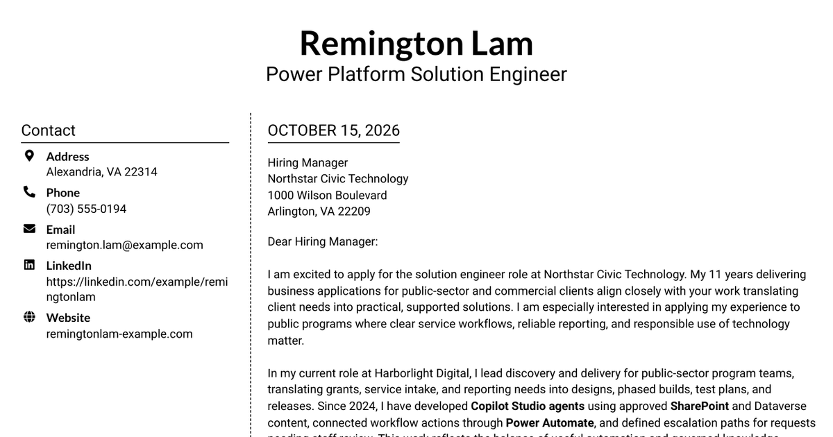 7 Microsoft Copilot Studio & Power Platform Solution Engineer Cover Letter Templates with Example