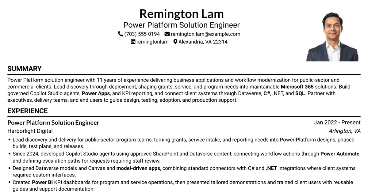 7 Microsoft Copilot Studio & Power Platform Solution Engineer Resume Templates with Example