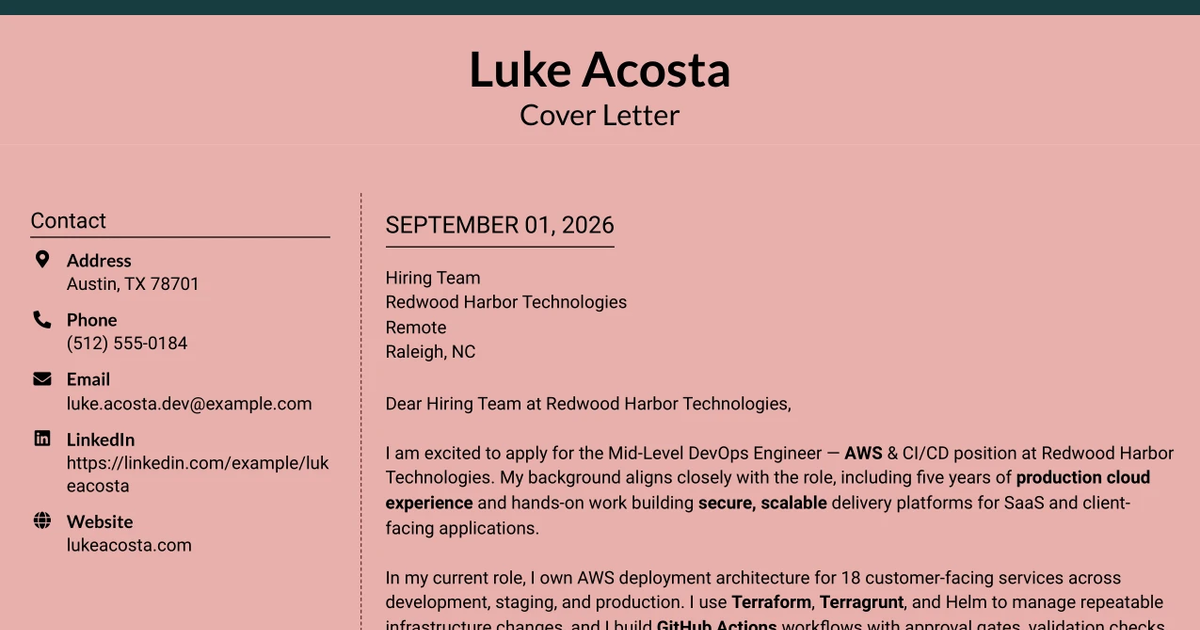 30+ Mid-Level DevOps Engineer — AWS & CI/CD Cover Letter Templates with Example 2026