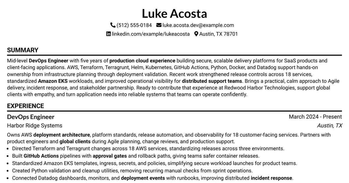 33 Mid-Level DevOps Engineer — AWS & CI/CD Resume Templates with Example 2026 (ATS-Optimized)