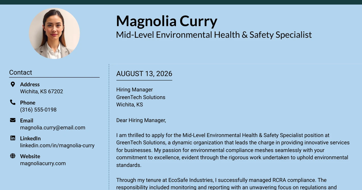 30+ Mid-Level Environmental Health & Safety Specialist Cover Letter Templates with Example 2026