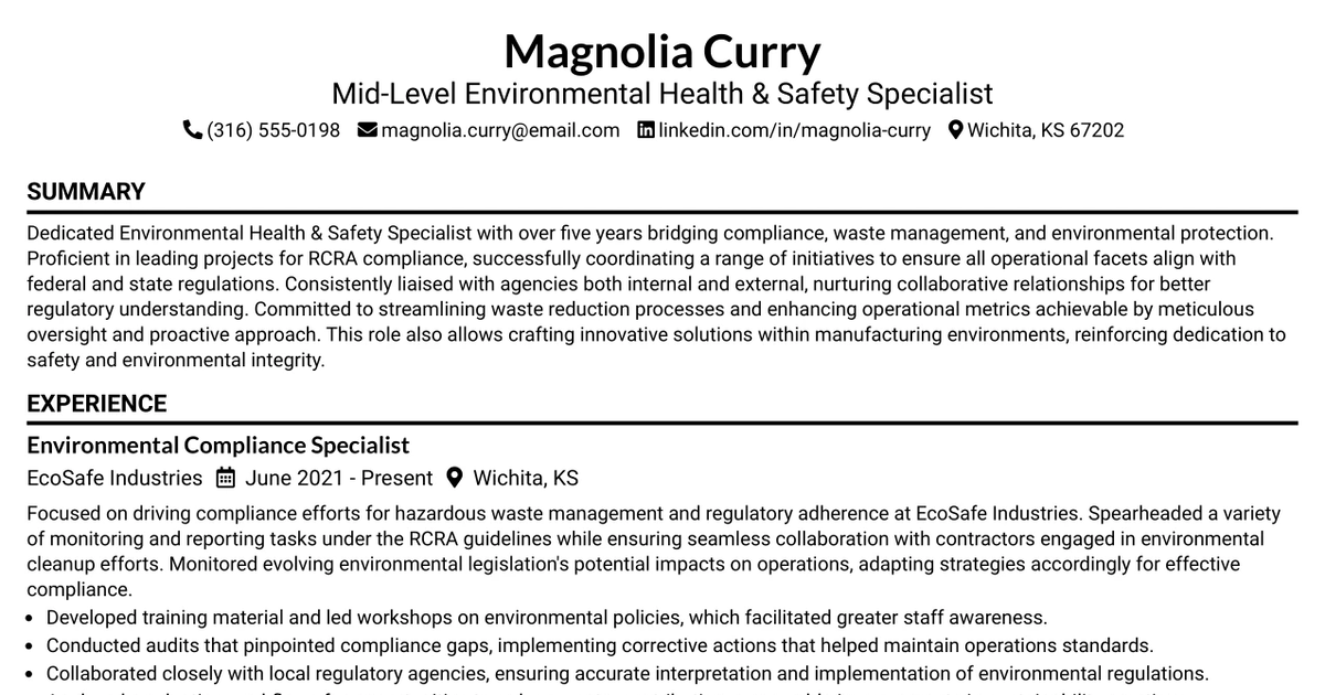 33 Mid-Level Environmental Health & Safety Specialist Resume Templates with Example 2026 (ATS-Optimized)