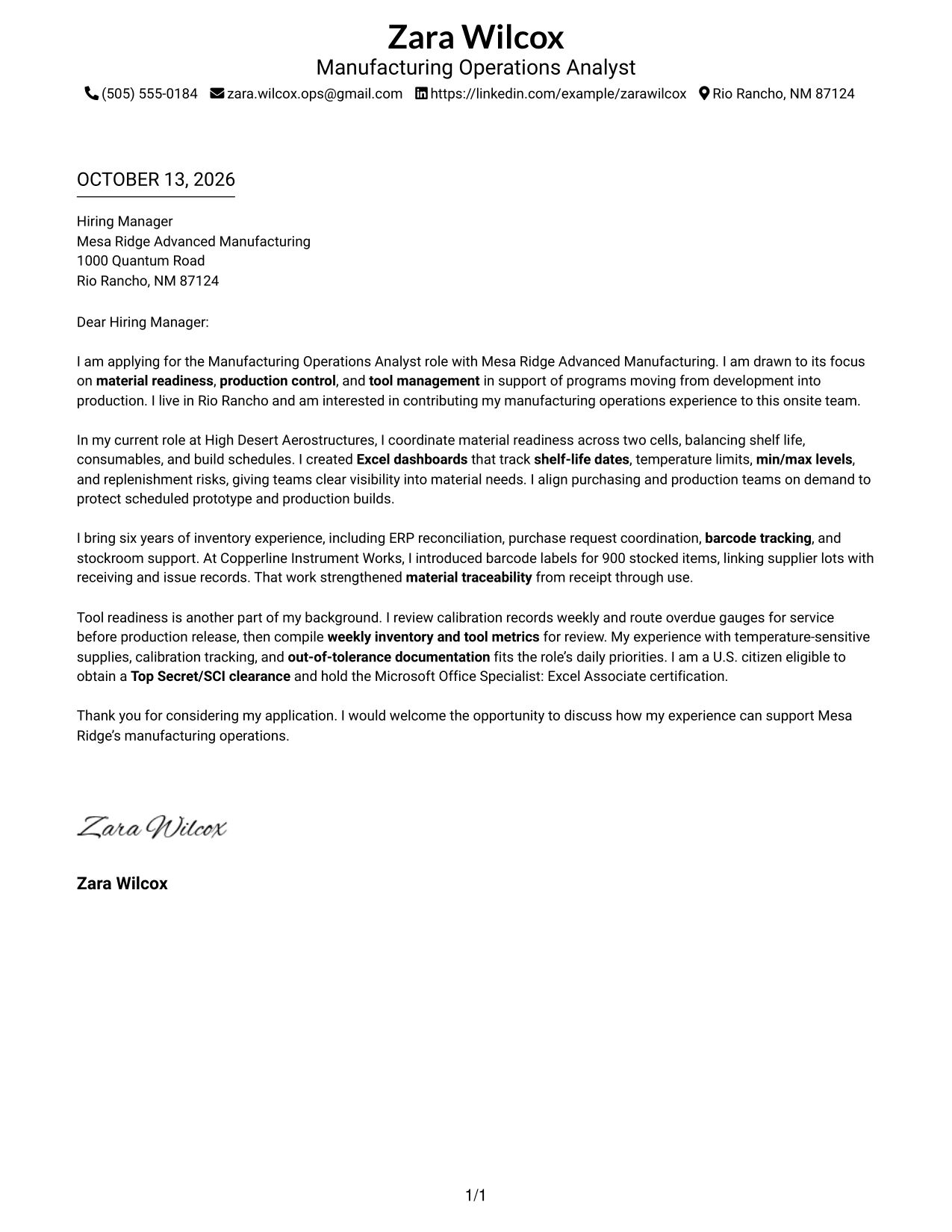 Cover Letter Example Page 1