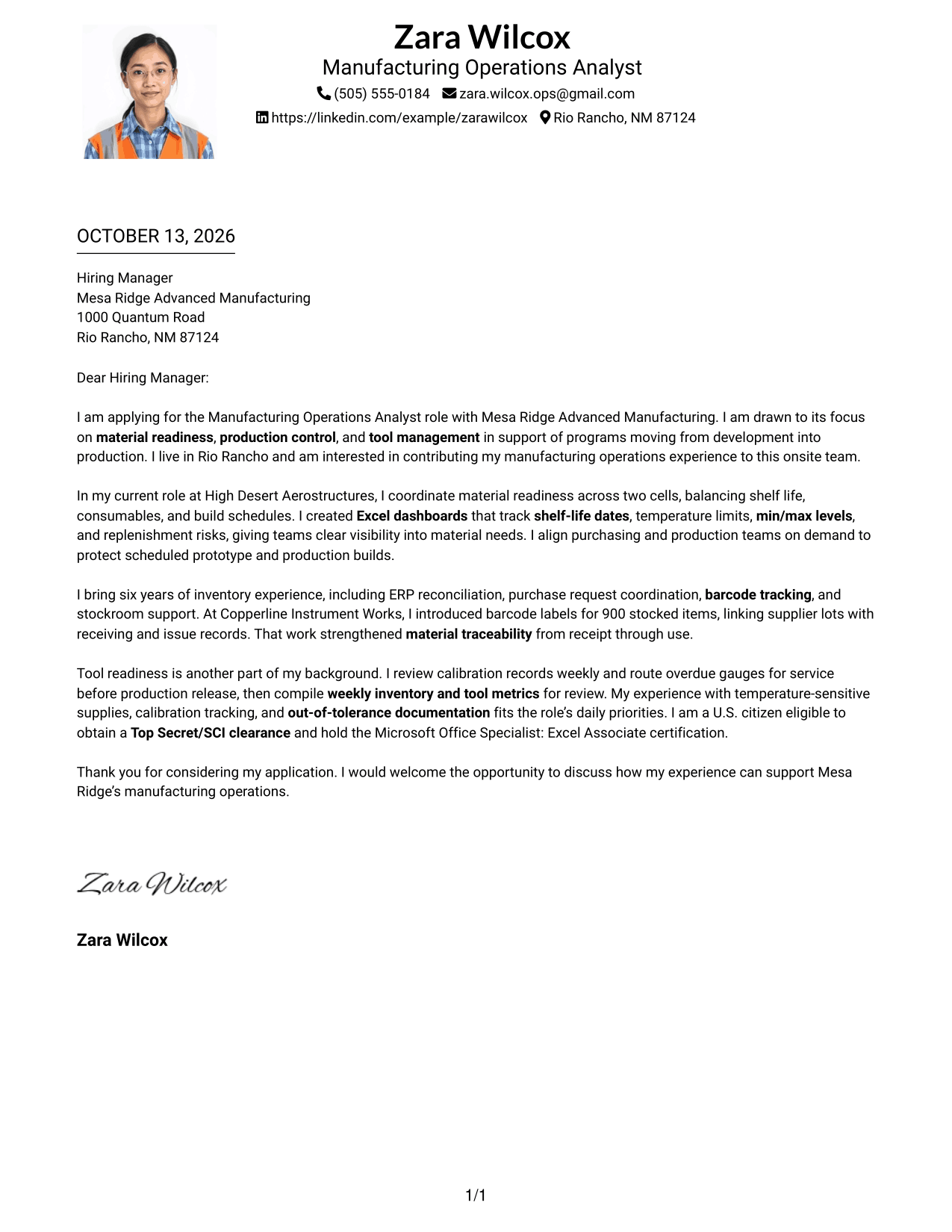 Cover Letter Example Page 1