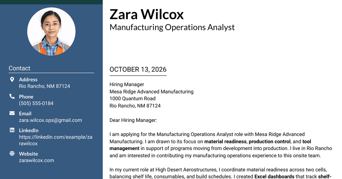 7 Mid-Level Manufacturing Operations Analyst - Inventory and Tool Control Cover Letter Templates with Example