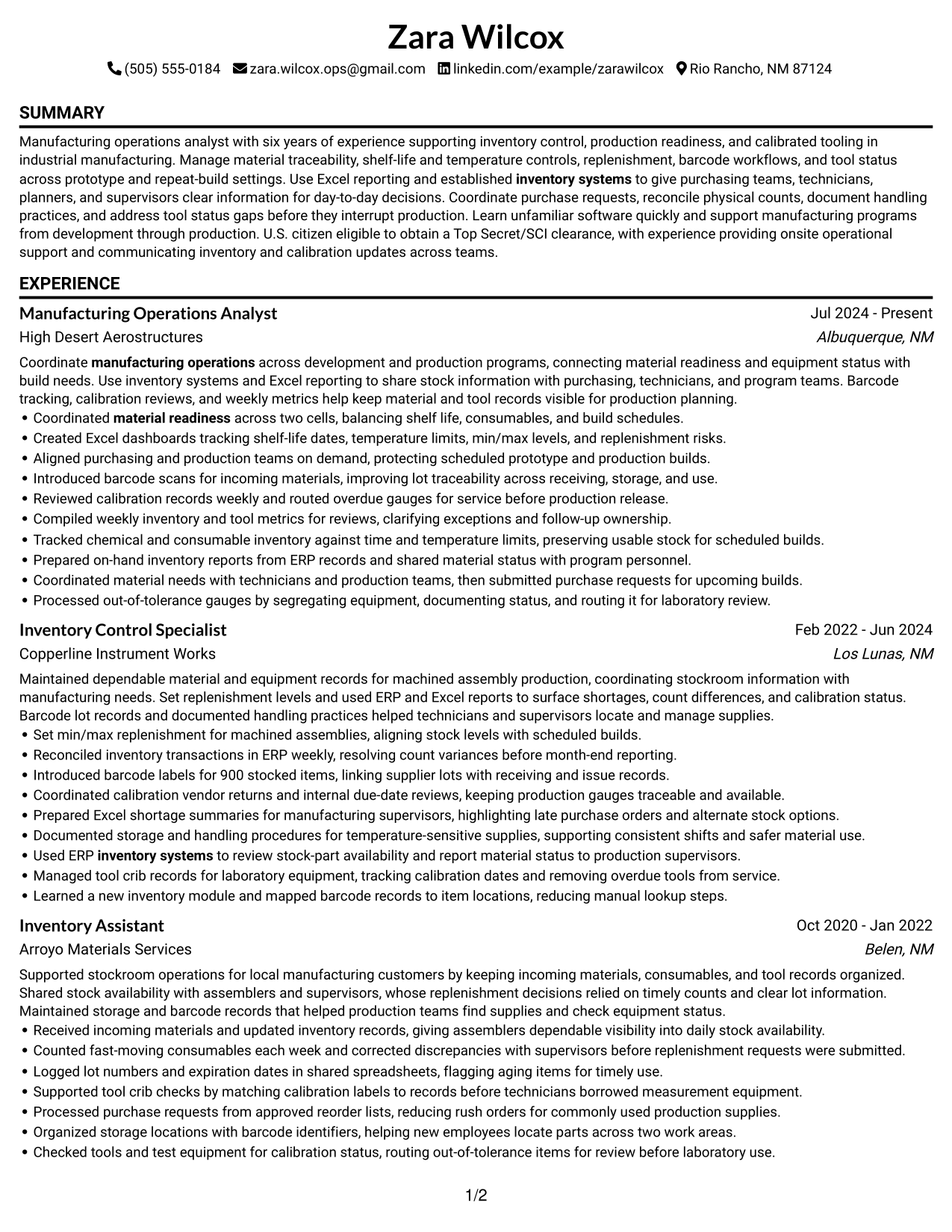 Resume Example Page 1