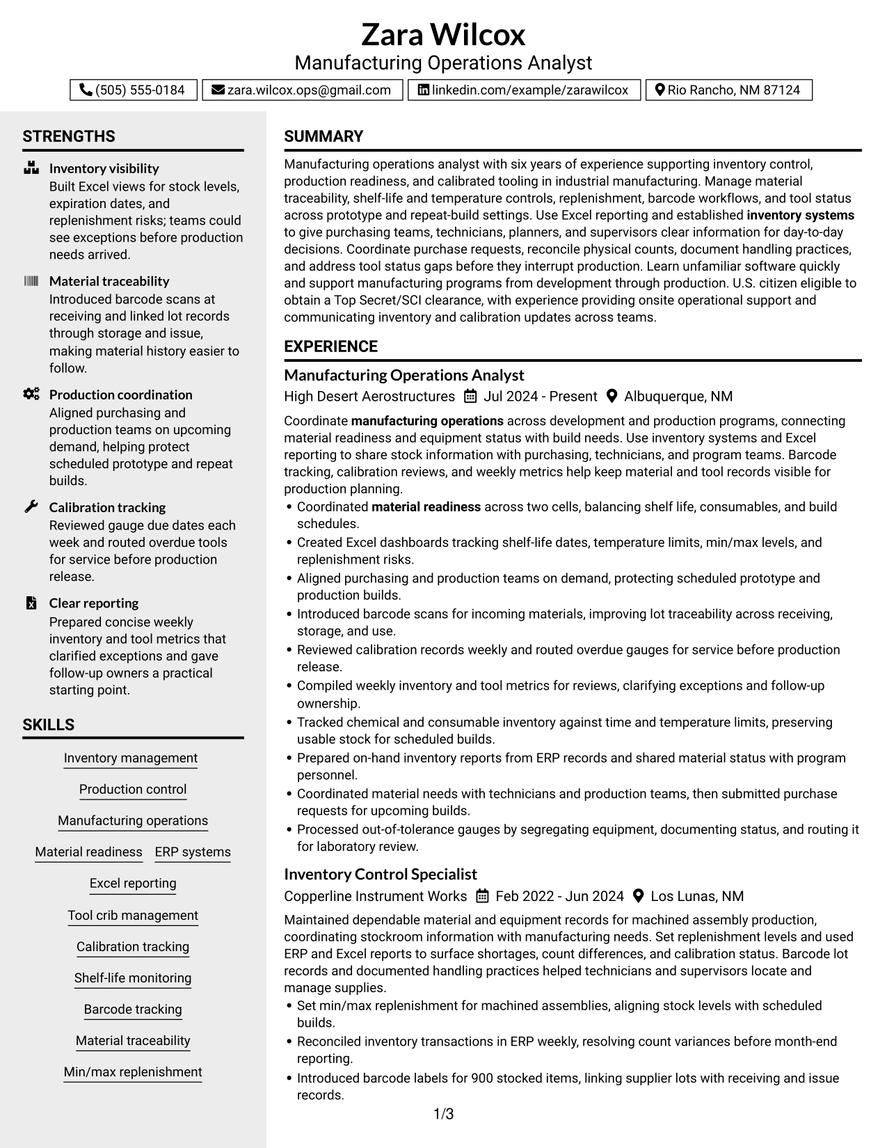 Resume Example Page 1