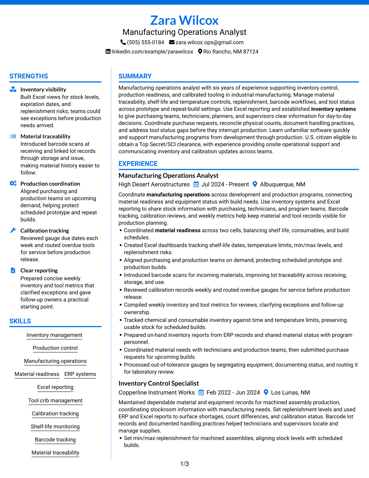 Resume Example Page 1